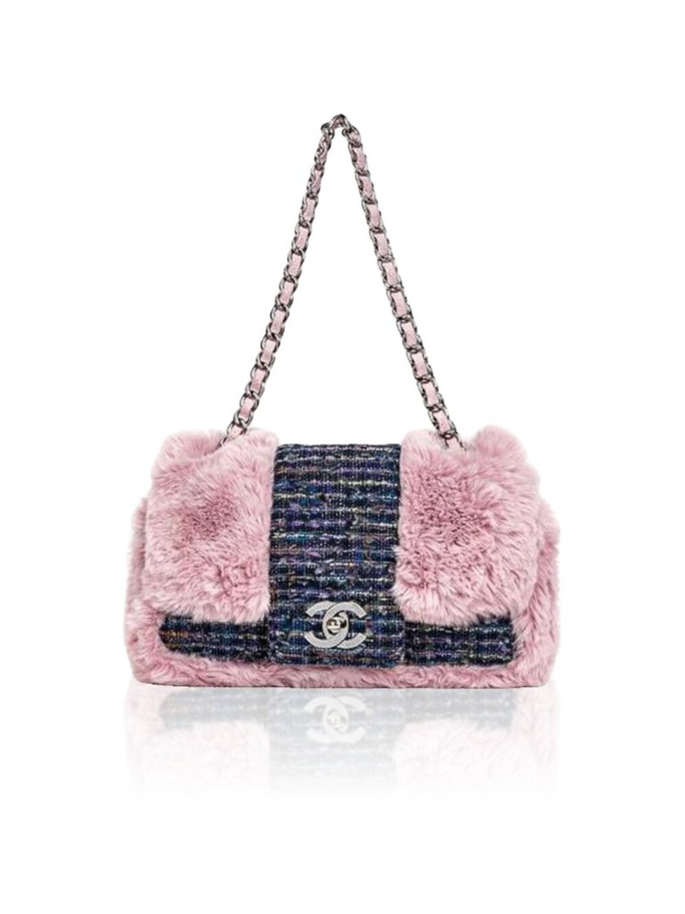 Chanel 2005 Vintage Classic Flap Chain Tweed Rabbit Fur Shoulder Bag Pink